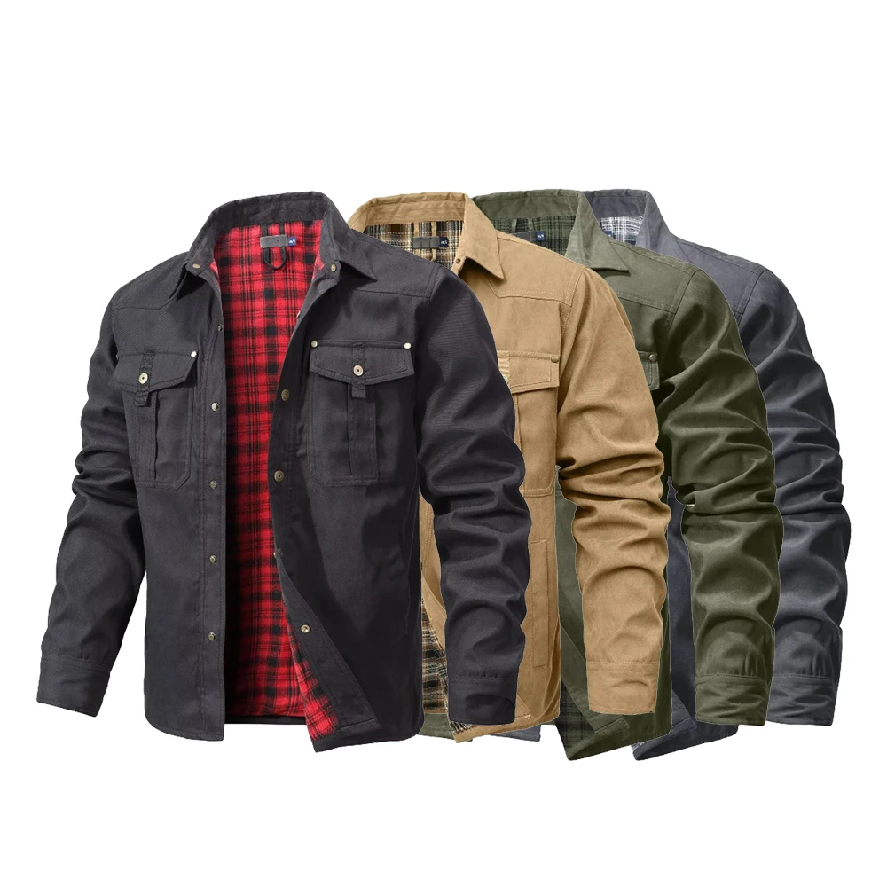 Flannel Shirt Lined - เสื้อแจ็คเก็ตผู้ชาย ผ้าฟลานเนลบุซับใน สไตล์เสื้อเชิ้ต แขนยาว ติดกระดุมแป๊ก สไตล์คาวบอยตะวันตก